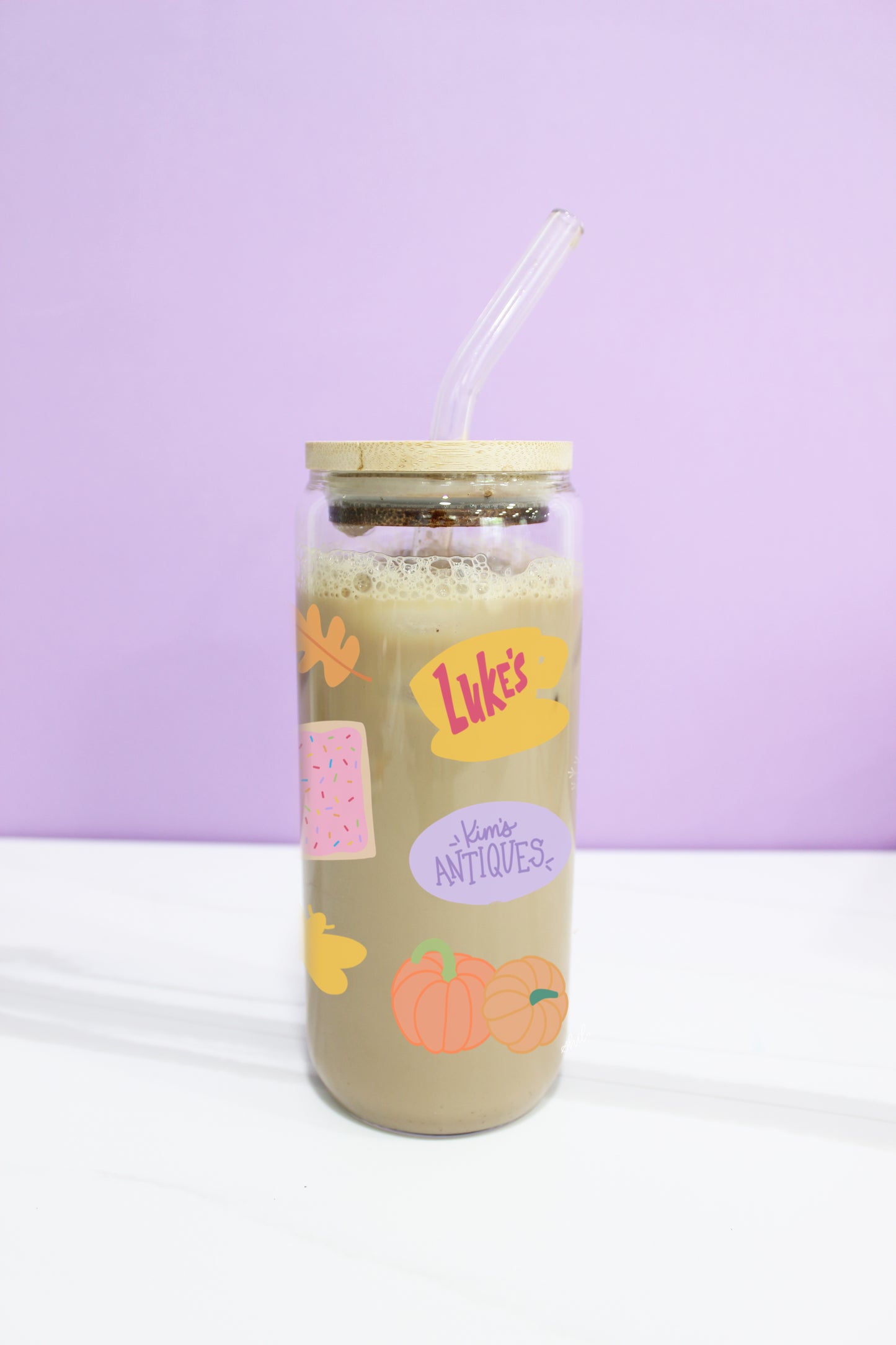 Coffee Lover glass can with bamboo lid and glass straw